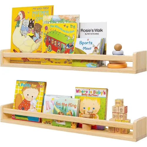 Fun Memories Nursery Book Shelves for Wall Set of 2- Rustic Natural Solid Wood Kids Floating Bookshelf for Bedroom - Wall Shelves for Kids Room, Home Decor, Kitchen Spice Rack - 32 Inch