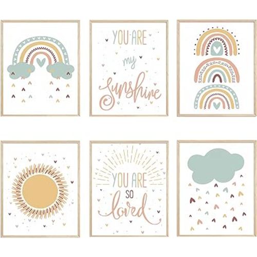 LLOSEUP Boho Nursery Wall Art Prints Rainbow Weather Wall Decor Set of 6 Unframed Heart Rain You Are My Sunshine Inspirational Wall Decoration for Boy Girl Child Room Playroom Bedroom 8x10 Inch