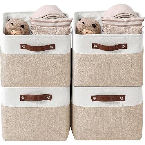 DECOMOMO Storage Bins | Fabric Storage Basket for Shelves for Organizing Closet Shelf Nursery Toy | Decorative Large Linen Closet Organizer Bins with Handles (Beige and White, Large - 4 Pack)