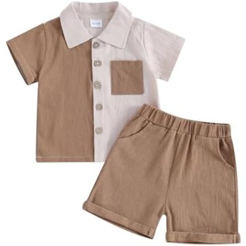 Kupretty Baby Boy Clothes Toddler Summer Outfit Color Block Short Sleeve Button Down Shirt + Shorts 2T 3T 4T 5T Clothing Set