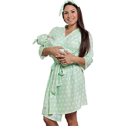 MOMMY O CLOCK Mommy Robe for Maternity and Baby Swaddle Blanket, Milk Silk Matching Delivery Robe and Swaddling Wrap for Mom and Baby (Mint Polka Dots, S/M (0-12)