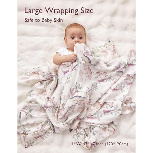 Momcozy Muslin Swaddle Blankets, Softness Upgrade Neutral Swaddle Blanket, Breathable Large 47''x47'' Baby Infant Newborn Boys Girls Swaddling Receiving Blanket Wraps, 2 Pack, Dinosaur & Grey