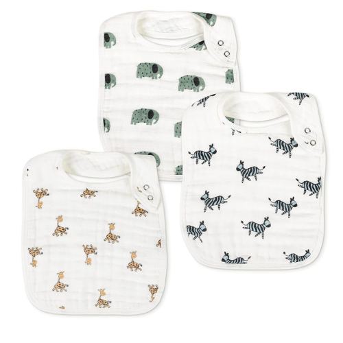 Snap Muslin Bibs for Boys & Girls, 3-Pack Baby Bibs for Infants, Newborns and Toddlers, 100% Cotton Muslin Absorbent & Soft Layers, Adjustable Snaps,"Animal Party"