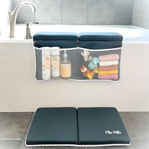 Baby Bath Kneeler and Elbow Rest Pad Set | Neoprene & Foam Bath Kneeling Pad for Bathing Baby | Non Slip Pad Baby Bath Essentials with Bath Toy Storage for Tub | Baby Bath Kneeler Pad