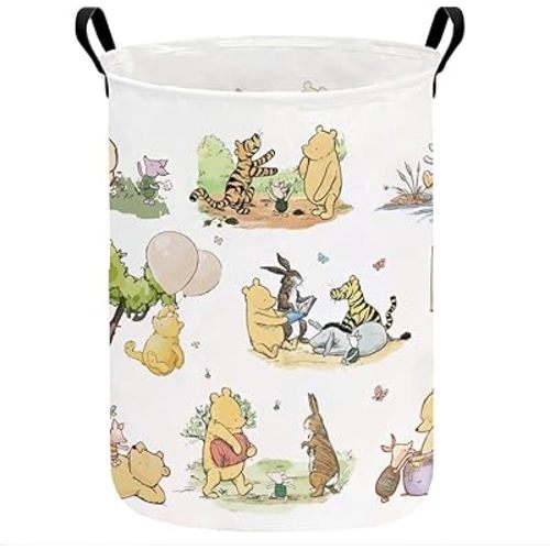 Greatingreat Winnie Baby Laundry Basket, Foldable Small Hamper with Canvas & PE Coating, Collapsible Portable Clothes Organizer for Nursery, Home, Bedroom Storage (White)