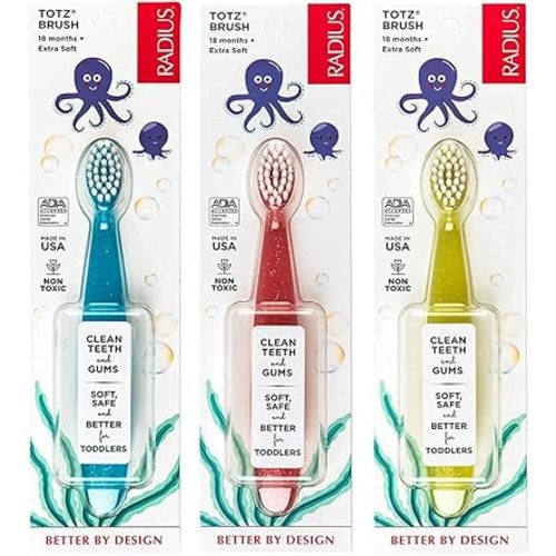 RADIUS Totz Toothbrush Extra Soft Brush BPA Free & ADA Accepted Designed for Delicate Teeth & Gums for Children 18 Months & Up - Blue Coral Yellow - Pack of 3