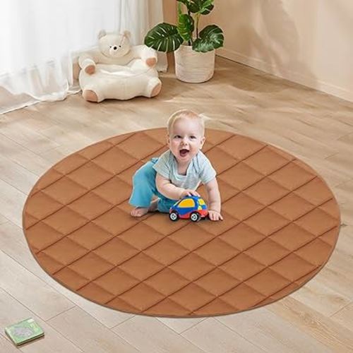 Baby Play Gym Mat, Flexible Leather Padded Quilted Crawling Mat Portable Waterproof Toddler Floor Mat Tummy Time Play Mat (Dark Brown, 49" X 49")