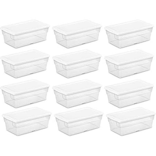 Sterilite 12 Pack Storage Boxes, Stackable Bins with Lids, Plastic Containers to Organize Shoes and Crafts on Closet Shelves, 6 Qt, Clear with White Lid