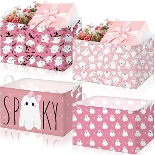 Chunful 4 Pcs Halloween Storage Baskets Pink Ghost Laundry Baskets Pink Hamper Foldable Storage Bins with Handle Collapsible Organizer for Home Closet Office Bedroom