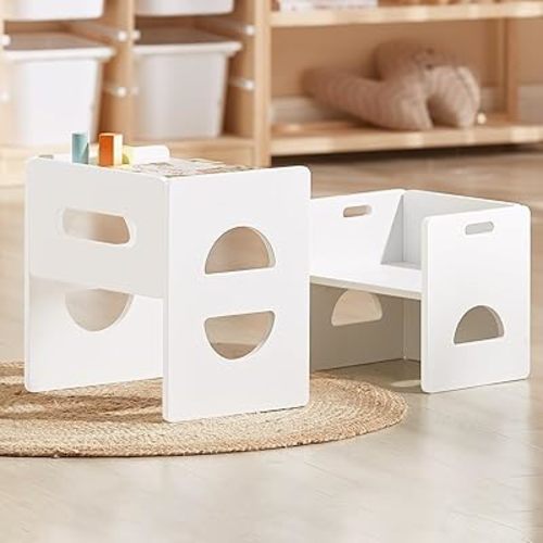 FUNLIO Height Adjustable Montessori Table and Chair Set for Age 1-3, Solid Wood Toddler Table and Chair Set, Weaning Baby Table Chair Set for Reading/Eating/Playing, Easy to Assemble - White