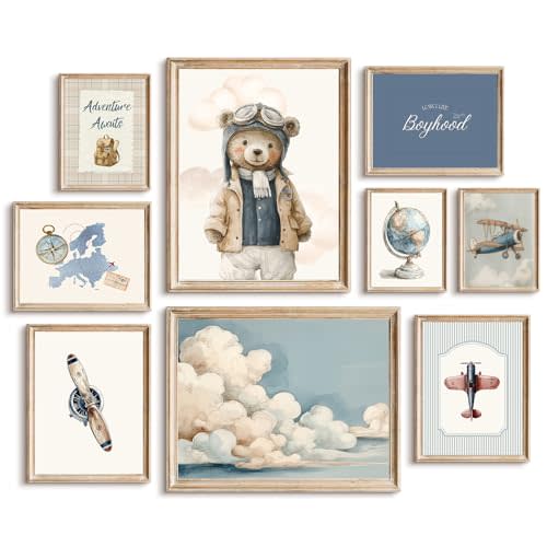 Teddy Bear Nursery Wall Art Decor Baby Boys Room Canvas Poster Vintage Nursery Wall Decor Navy Blue Kids Room Prints Airplane Pictures Travel Bear Painting Artwork for Bedroom 8x10x9 Inch Unframed