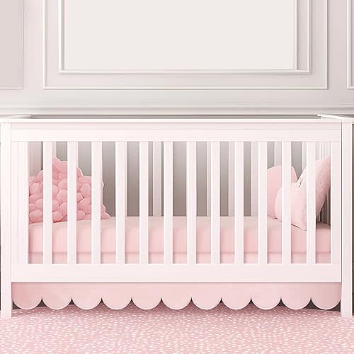 Scalloped Crib Skirt 28"x 52" with Drop Pleated Dust Ruffle with Split Corners for Baby Boys Girls Soft 4-Sided Crib Bed Skirt Nursery Standard Toddler Bedding (14" Drop,Pink)