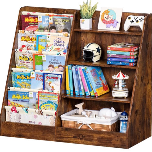 Lerliuo 4 Tier Kids Bookshelf and Storage Organizer, Five Layer Sling Children Bookcase, Baby Toddler Wooden Book Shelf, Display Cabinet for Playroom, Bedroom, Classroom, Nursery, School (Brown)
