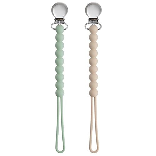 Pacifier Clips for Boys - MORIBOX Paci Clip Soothe Baby Binky Holder for Shower Birthday Gift 2 Pack - Round-Beige+Sage
