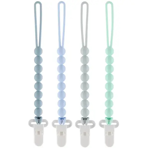 4-Pack Silicone Pacifier Clips with One-Piece Beads for Baby Boys and Girls - Flexible and Rust-Free Holders for Teething Relief and Baby Essentials, Safe for Newborns (Blue)