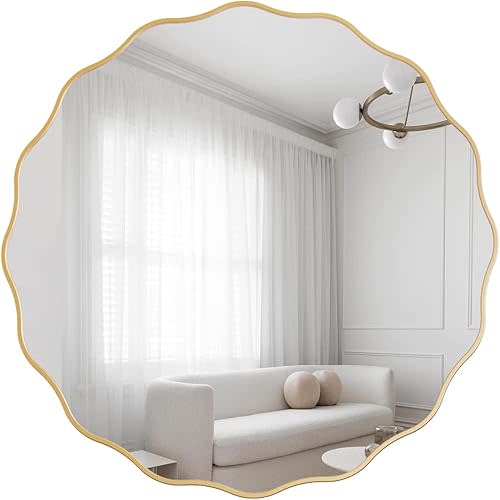 Round Wavy Edge Wall Mirror for Bathroom 24 Inch Gold Scalloped Wooden Circle Vanity Mirror for Bathroom Entryway Washroom Living Room Bedroom