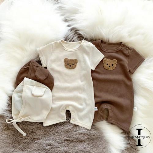 Baby Bear Jumpsuit, Cartoon Bear Theme Outfit, Embroidered Teddy Onesie, Waffle Baby Romper, Unisex Newborn Jumper, Trendy Baby Outfit