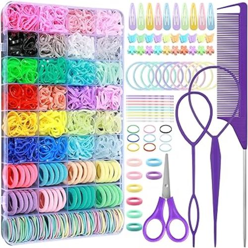 Hair Accessories for Girl, 1784 Pcs Elastic Hair Ties Set 24 Color Hair Rubber Bands with Organizer Box Cotton Baby Hair Ties Hair Styling Tool Set Baby Hair Clips Hair Elastic Cutter Scissor