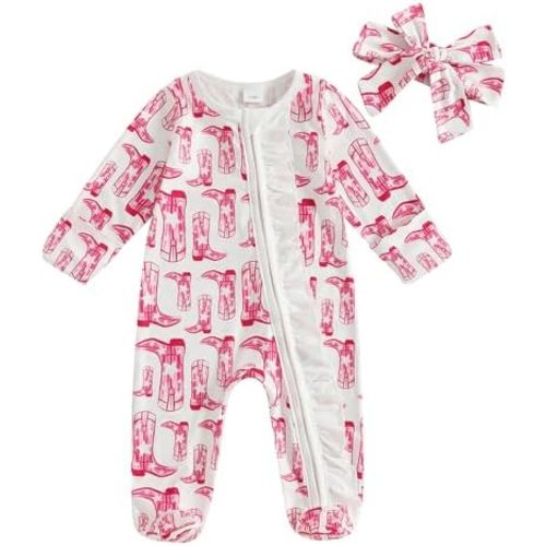 SAYOO Western Boots Baby Cowgirl Clothes Zipped Fall Romper Outfit for Newborn Girl Cow Print Bow Print One-piece Jumpsuit