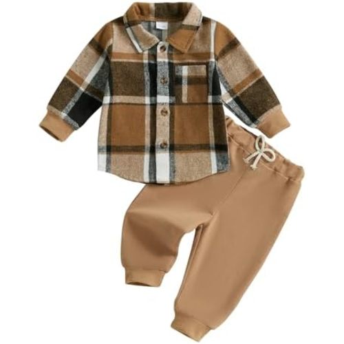 Toddler Boys Fall Outfits Plaid Flannel Baby Boy Jacket Button Down Shirts Pants 2Pcs Festival Clothes Set