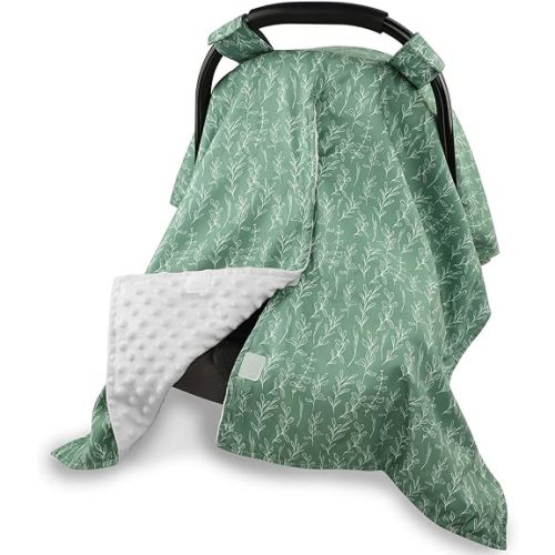 Baby Car Seat Canopy Soft Minky Plush Dotted Backing Baby Car Seat Cover Girls, Infant Carseat Canopy, Stretchy Multi- use Nursing Cover for Stroller/High Chair/Shopping Cart/Car Seat Canopies Sage