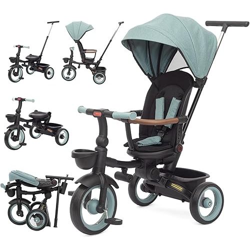 7-in-1 Baby Tricycle, Push Bike & Steer Stroller with Adjustable Canopy, Detachable Guardrail, Safety Harness, Folding Pedal, Brake, and Storage Basket - Learning Toddler Bike (Green)