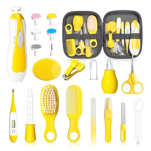 Baby Healthcare and Grooming Kit, 21pcs Baby Electric Nail Trimmer Set Newborn Nursery Health Care Set for Newborn Infant Toddlers Baby Boys Girls Kids Haircut Tools (21 Kits Yellow)