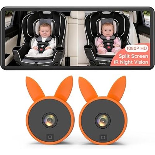 Babyvue BV3 Dual Car Camera Baby Monitor, 7.2" 1080P HD for 2 Kids, Split Screen with IR Night Vision, Easy Setup & Adjustable Brightness, Rear Facing View for Kids & Pet Safety