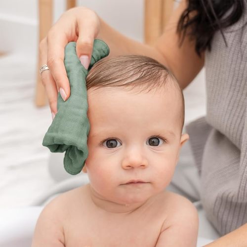 Baby Washcloths, Muslin Cotton Baby Towels, Large 10”x10” Wash Cloths Soft on Sensitive Skin, Absorbent for Boys & Girls, Newborn Baby & Toddlers Bibs & Burp Cloths Essentials Set (Fern, Pack of 10)