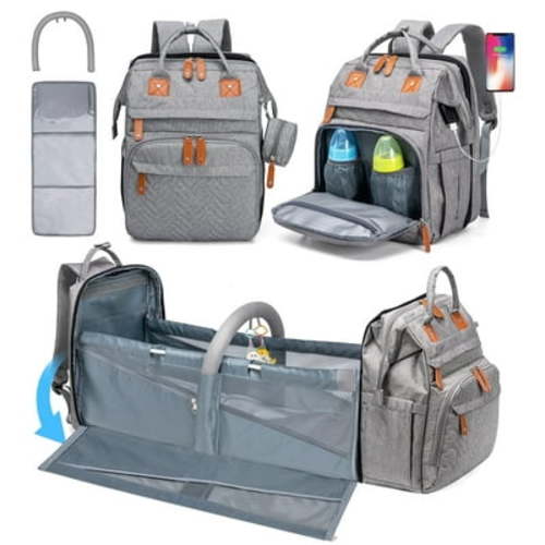 Diaper Bag Backpack, Multifunction Diaper Backpack with Changing Station, USB Charging Port & Foldable Crib, Large Capacity Travel Backpack with Sunshade & Pacifier Case(Grey)