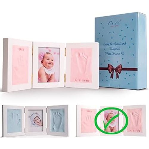 Baby Handprint & Footprint Photo Frame Kit - Premium Casting No Mold Clay - Box Ready for Boy Girls Baby Shower Gifts - Newborn Keepsake Personalized Picture Frames - Wall/table - Free Stamp Set- Pink