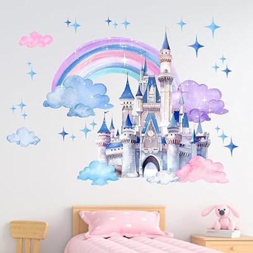 Yovkky Princess Castle Wall Decals Stickers, Watercolor Rainbow Cloud Stars Princess Toddler Baby Nursery Decor, Dreamy Home Decorations Girls Kids Bedroom Playroom Art
