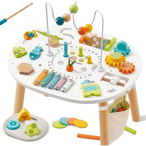 Giant bean® Wooden Activity Table for 1 Year Old, 11-in-1 Montessori Learning Table with Bead Maze, Shape Sorter, Fishing Game & More – Sensory Development Toy for Toddlers, Ideal 1st Birthday Gift