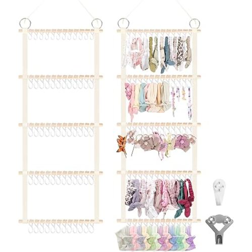 Munzong Headband Holder 52x17 inch, Beige Bow Organizer for Baby Girls, Extra Large Nursery Wall Hanging Clip Storage w/ 60 Hooks, Hair Accessories Organizer Rack Shelf for Toddler Kids Room Decor