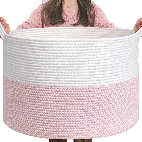 INDRESSME XXXLarge Storage Basket with Handle, Pink Laundry Basket for Nursery, Stuffed Animal, Baby Basket Kids Toy Storage Organizer, 21.7" x 21.7" x 13.8", Pink