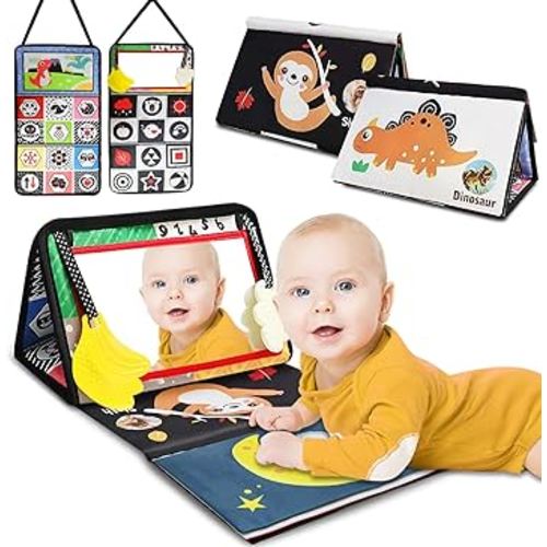 Newborn Toys 0 3 Months Brain Development. Baby Mirror Tummy Time Toys w High Contrast Crinkle Book & Teether. Baby Toy 0-3-6-12 Month Developmental. Black and White Mat Sensory Toy For Crib,Floor,Car