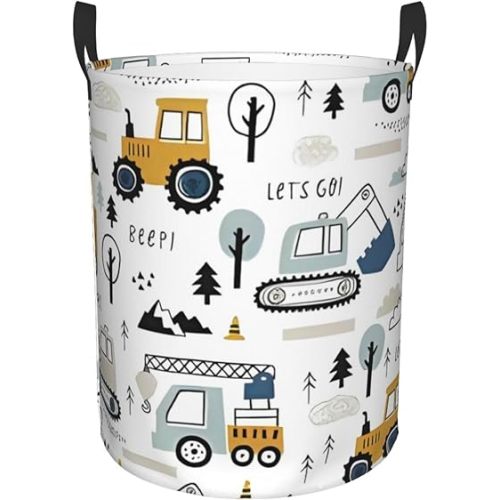 Lets Go Construction Vehicle Excavator Tractors Laundry Hamper with Durable Handle Waterproof Collapsible Laundry Basket Circular Dirty Clothes Storage Basket for Bathroom Bedroom College Dorm