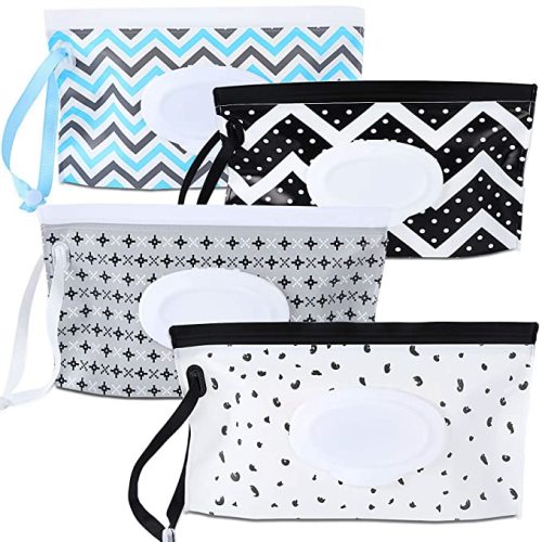 FEBSNOW 4 Pack Baby Wipe Dispenser,Portable Refillable Wipe Holder,Baby Wipes Container,Wipe Dispenser, Reusable Travel Wet Wipe Pouch(Geometric) - PatternA