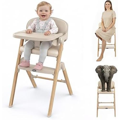 High Chair, Foldable High Chairs for Babies and Toddlers Ultra Safe for Infant or Adults Up to 150 Lbs, Easy Clean, Removable Tray/Adjustable Footrest for Baby Feeding HighChair, Cream