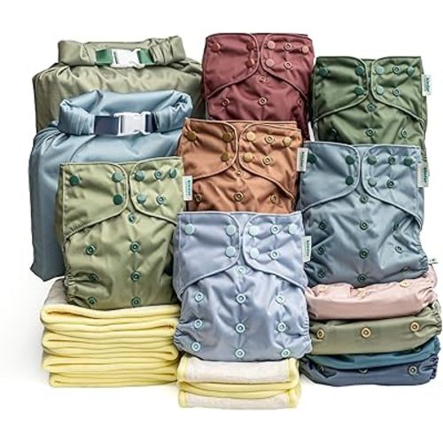Kinder Cloth Diapers Reusable Baby Diapers Pocket Style Athletic Wicking Jersey, Bamboo Viscose Inserts, Wet Bag, Newborn to Potty Training 7-60lbs, One Size (Coastal Calm, 10 Pack, with Inserts)