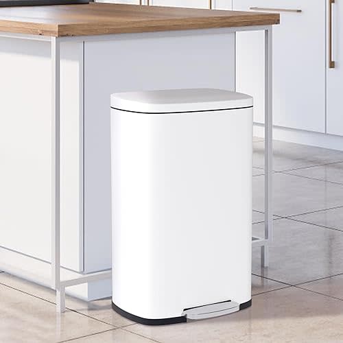 Stainless Steel Trash can 13 Gallon Kitchen Trash Can, Tall Kitchen Trash can, Foot Pedal and Inner Bucket, Fingerprint-Resistant Soft Close Lid Garbage Can, (White)