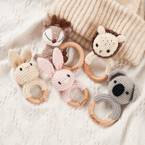 Animal Crochet Baby Rattle Baby Shower Gift Personalized Crochet Rattle Toy Custom Wooden Baby Rattle Newborn Gift for Birthday - Etsy