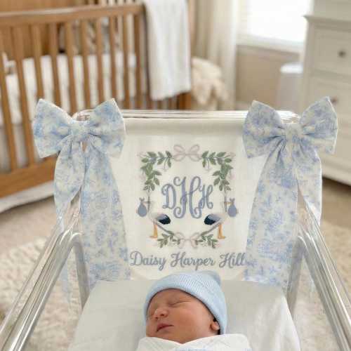 Embroidered Linen Baby Banner, Custom Name & Monogram Sign, Hospital Door Hanger, Heirloom Nursery Decor, Baby Shower Newborn Gift