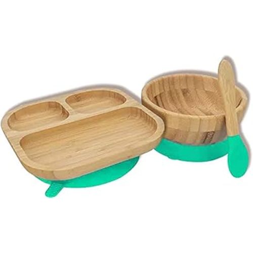 Baby Toddler Stay Put Dish, Kids Suction Plate & Bowl & Spoon, Bamboo Cute Tableware (Green set)