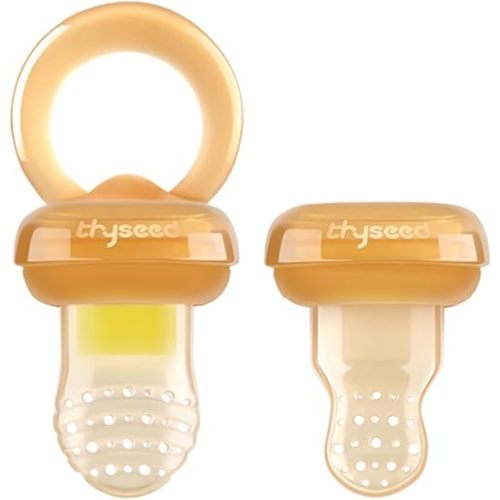 Baby Fruit Feeder with Pouch Silicone Infant Solid Food Vegetable Purees Feeding Feeders for Babies Boy Girl Brown 4+ and 7+ Months Set