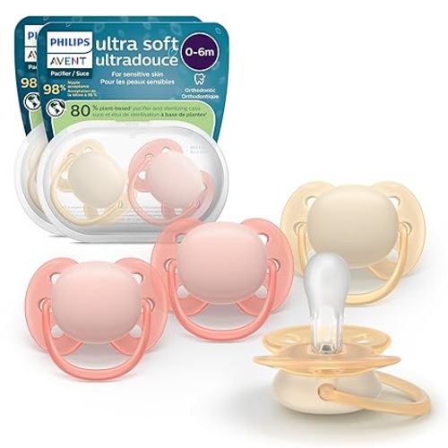 Philips Avent Ultra Soft Pacifiers - Orthodontic Design, for Babies 0-6 Months, Flexible Shield, Silicone Symmetrical Nipple, BPA-Free, 2 Sterilizing Cases, 4 Pack, SCF091/47