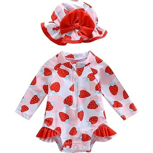 Baby Girls Swimsuit Long Sleeve Zipper Bathing Suit One Piece Swimwear with Hat