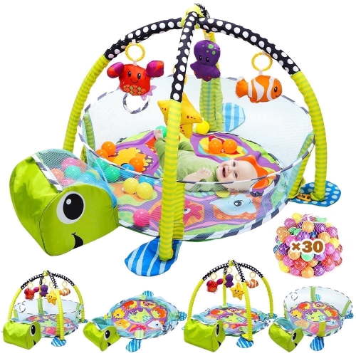 JoyStone 4 in 1 Turtle Baby Play Gym Activity Mat with 30 Balls, 4 Detachable Sound Toys, Baby Sensory Mat for for Toddler Infant, Newborn Gift for Boys and Girls, Green