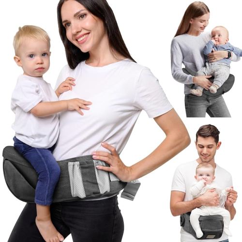 Baby Hip Seat Carrier, Adjustable Waistband with 3D Abdominal Support & Various Pockets Ergonomic Carrier for Newborns to Toddlers up to 33 lbs Medium Dark Grey