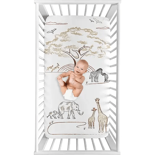 Sweet Jojo Designs Jungle Safari Animals Boy Girl Fitted Crib Sheet Baby Toddler Bed Nursery Photo Op Brown Taupe Black and White Gender Neutral Animal Elephant Giraffe Wildlife Adventure Serengeti